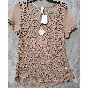 NWT Bellatrix Open Crochet Lace Sheer Top Womens Mauve Floral L*See Measurements
